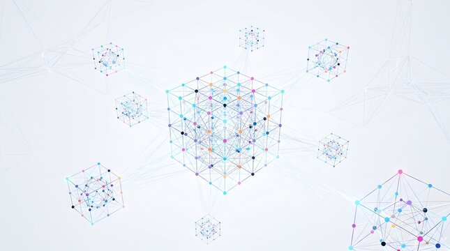 Floating digital cubes interconnected by thin lines and dots illustrating decentralized data networks and blockchain server architecture