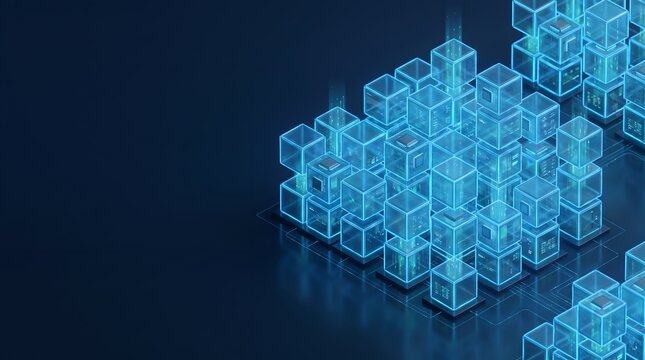 Glowing blue data blocks assembled into scalable cloud computing architecture and massive virtual digital storage facility