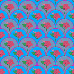 Blue and pink frangipani fan scale seamless pattern. Vector textile design for fashion apparel, wallpaper, and home decor © Nutthayakarn
