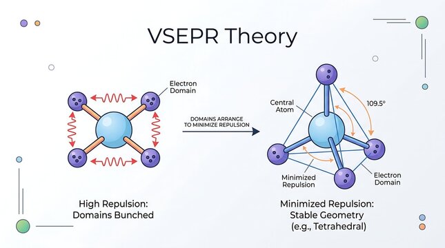 VSEPR theory illustrating high repulsion of bunched electron domains versus minimized repulsion in tetrahedral geometry