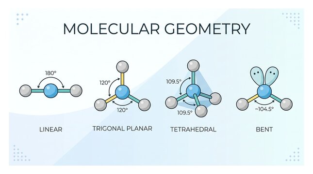 Molecular geometry illustrating linear trigonal planar tetrahedral and bent shapes with bond angles