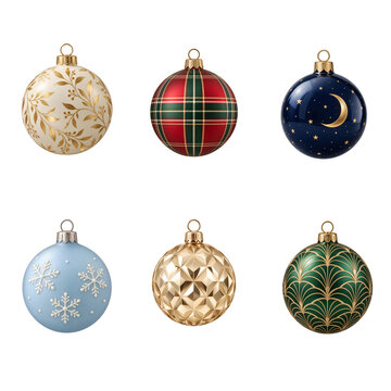 Luxury Christmas Bauble Ornament Collection with Gold, Plaid and Winter Designs on Transparent Background