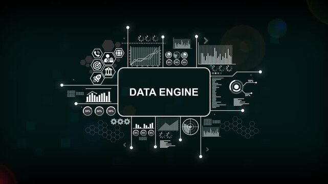 Data engine hud interface: digital analytics, business intelligence and cyber security network infographic motion