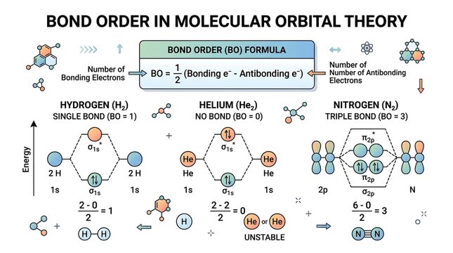 Molecular orbital theory bond order explanation hydrogen helium nitrogen molecules