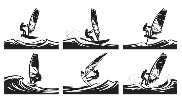 Collection of six dramatic black and white silhouettes of windsurfers catching waves and performing jumps in the ocean.
