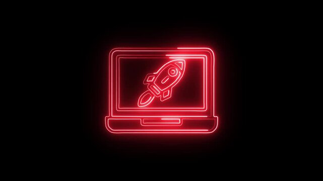 Laptop Launch Icon Animation with Glowing Lines on Black Background