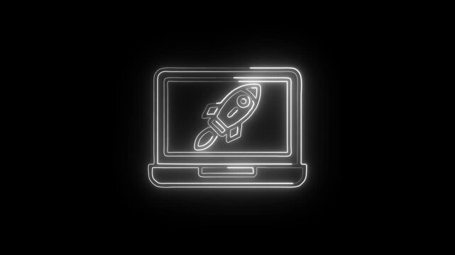 Laptop Launch Icon Animation with Glowing Lines on Black Background