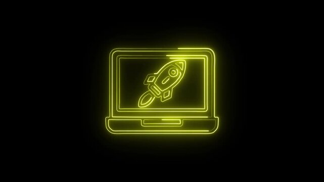 Laptop Launch Icon Animation with Glowing Lines on Black Background