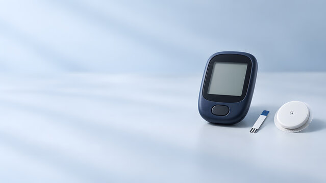 Glucose Meter Test Strip and CGM Sensor on Blue Background