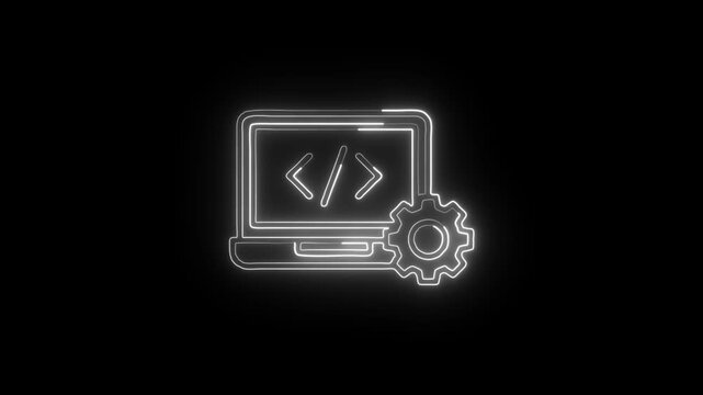Laptop Code Editor Icon Animation with Glowing Lines on Black Background