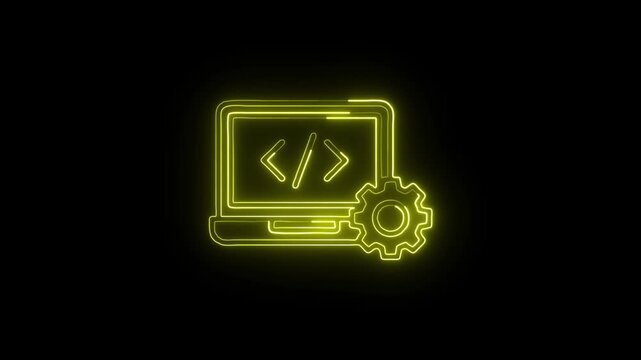 Laptop Code Editor Icon Animation with Glowing Lines on Black Background