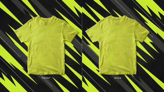 Front and back view of a plain light green t-shirt mockup, presented against a dark background, with a sharp, jagged, geometric pattern