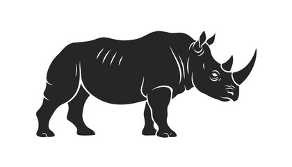 Fototapeta premium Detailed black silhouette of a powerful wild rhinoceros standing on its feet showing strong horn and body details.