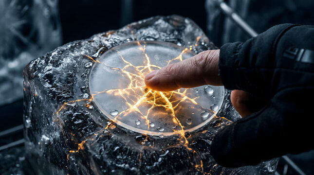 Finger touching glowing light cracks on ice block surface representing cold computing power concept with icy texture and vibrant electrical energy neon gold light.