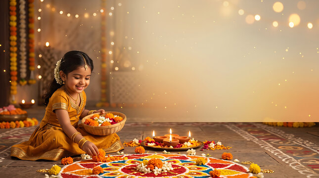 Little girl decorating a colorful rangoli with flowers