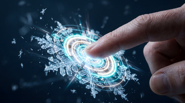 Human hand touching glowing digital snowflake crystal with circular interface elements representing smart climate control technology and winter season innovation.