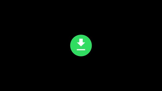 Green Download Icon Animation Featuring White Down Arrow and Save Line Inside Circular Button on Black Background for File Download Data Transfer and Motion Graphics