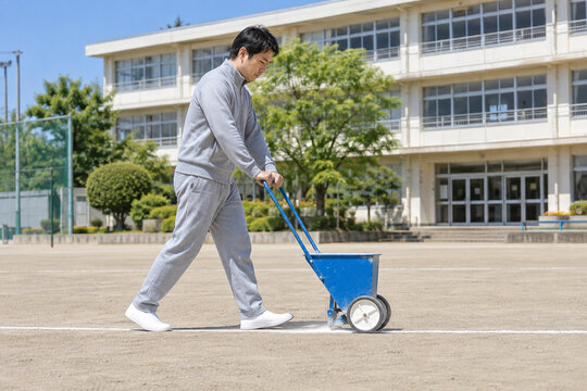 運動会の校庭に白線を引く先生