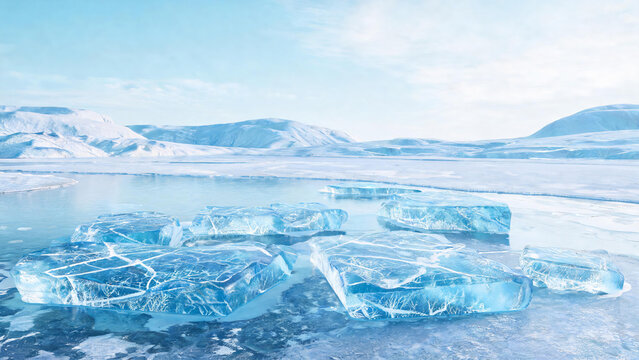 Clear blue ice floes float on calm water, surrounded by snow-covered mountains under a pale sky in a frozen polar landscape.