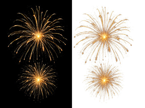 Golden fireworks bursts set on black and white backgrounds, sparkling gold pyrotechnic explosions, festive firework display for holiday celebration