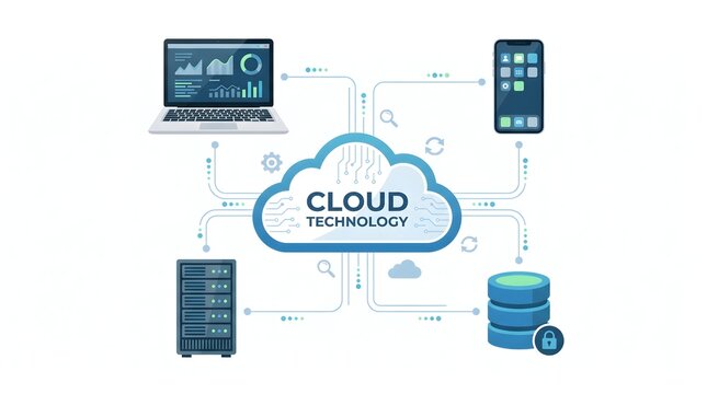 Comprehensive cloud technology infographic featuring computer server database and smartphone connectivity icons in flat vector illustration style