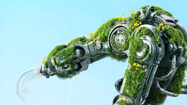 A robotic mechanical arm partially overgrown with green moss and small yellow flowers, set against a clear light blue sky, representing the fusion of technology and nature.
