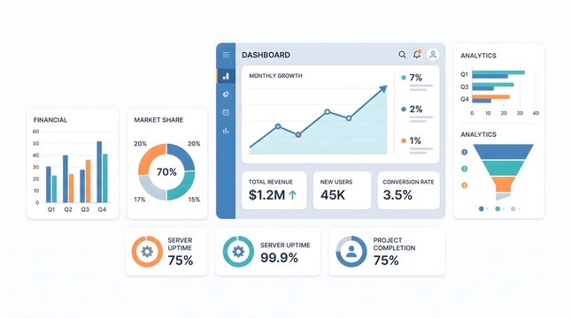 Modern software dashboard displaying financial analytics charts graphs growth metrics and user statistics against white background