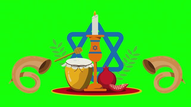Jewish new year celebration background with traditional holiday elements and shofar animation