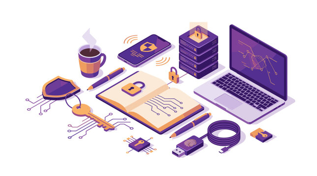 Isometric Vector Illustration of Cybersecurity and Data Privacy Elements Featuring Laptop, Smartphone, Secure Server, Padlocks, Shield, and Encryption Keys on White Background.