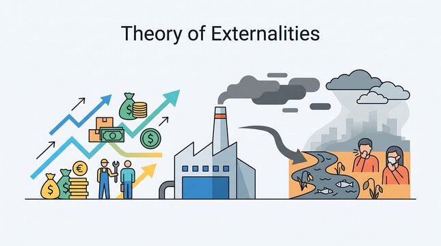 Theory of externalities economic diagram showing positive and negative market spillovers and pollution