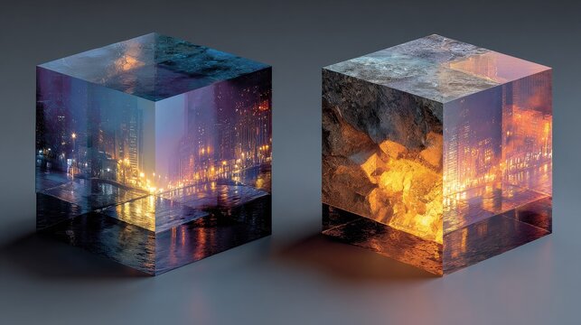 Cube perspective 3d geometry isometric symmetry inversion rotation viewpoint depth concept, abstract cube shown in direct and reverse perspectives with spatial transformation, optical illusion, design