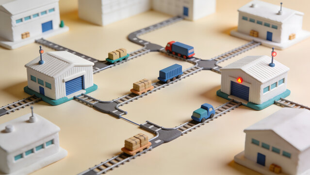 Smart rail logistics network connects warehouses, cargo trains and trucks, illustrating supply chain, freight transportation, distribution and intermodal delivery systems.