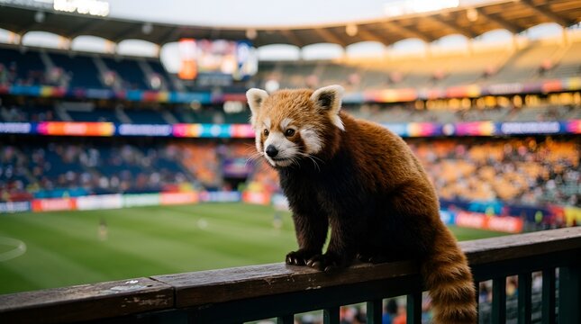 Cute red panda looking out from a wooden railing at a sports stadium with cute animal