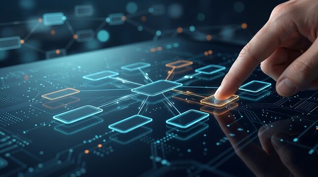 Abstract digital network visualization controlled by human finger on glass touch panel to demonstrate complex system interconnection and data management in advanced corporate computing
