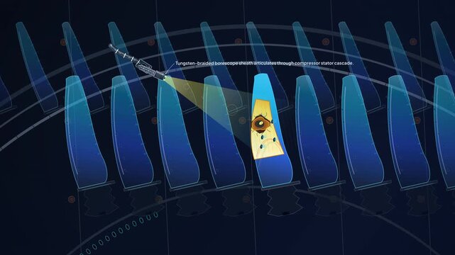 2D animation of a borescope inspecting a jet engine turbine, detailing the articulation through compressor stator cascade, evaluation of thermal barrier coating, and 3D damage topology calculation