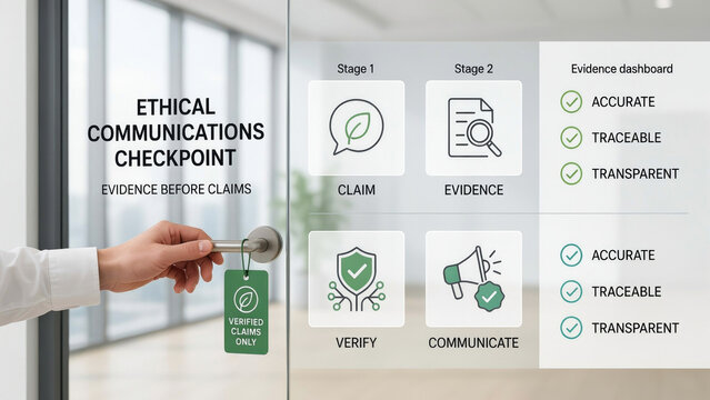 A hand opening a glass door with an ethical communications checkpoint graphic overlay in a modern office with communications verification stages door with hand reaches