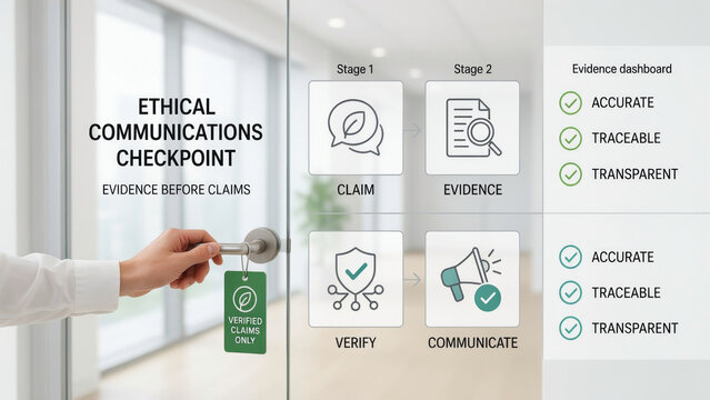A hand opens a glass door with an ethical communications checkpoint infographic displaying a verification process for corporate claims and evidence in an office