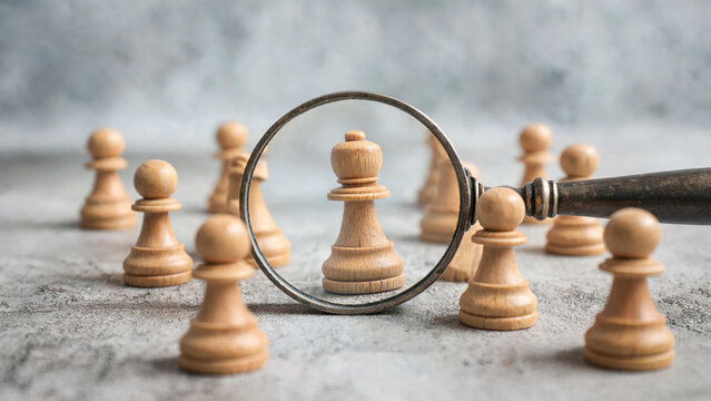 A magnifying glass highlights a unique chess piece among identical pawns, symbolizing selection and focus on outstanding individuals.