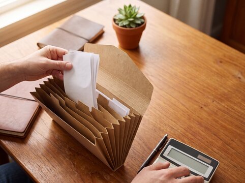 Hands sorting blank receipts into accordion file organizer beside calculator, tax preparation and household expense management