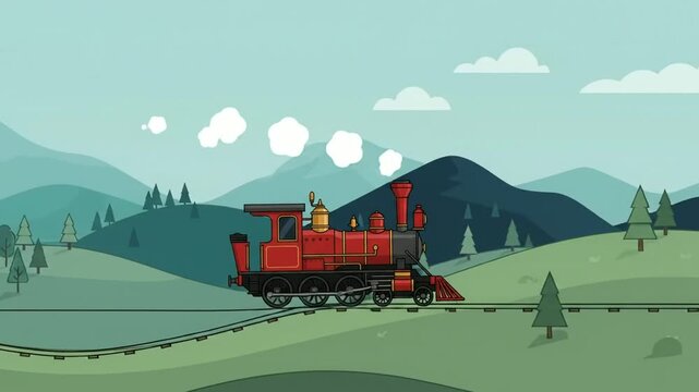 Red vintage steam train traveling across green hills and mountains