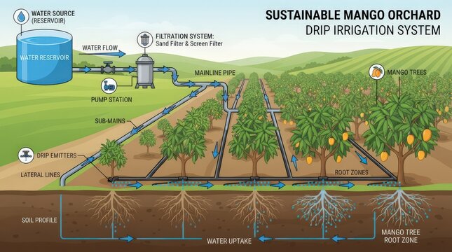 Sustainable mango orchard drip irrigation system