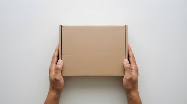 Top view of hands holding a small brown cardboard box on white background