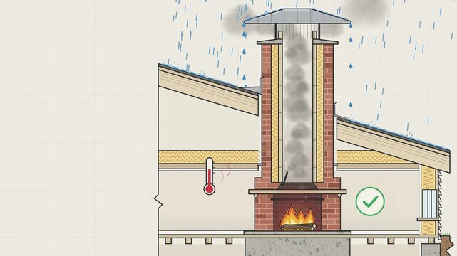 Chimney flue cross-section with fireplace smoke venting safely under a rain cap in the rain, explainer animation