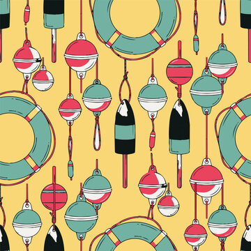 Seamless nautical pattern with hanging buoys, life rings, and fishing floats in coral, teal, black, and white on yellow background, creating playful summer coastal decor for prints, packaging, fabric.