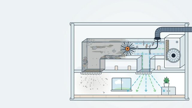 Air duct cleaning brush removing dust from ventilation ductwork so clean air flows into the room, animation