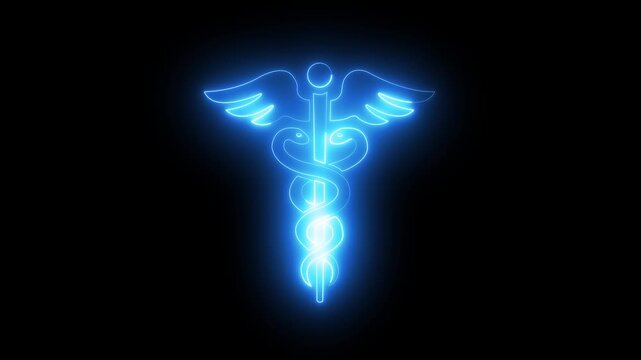 neon Caduceus medical symbol icon with staff, wings, and entwined snakes for healthcare app, pharmacy, hospital, clinical care, medical logo
