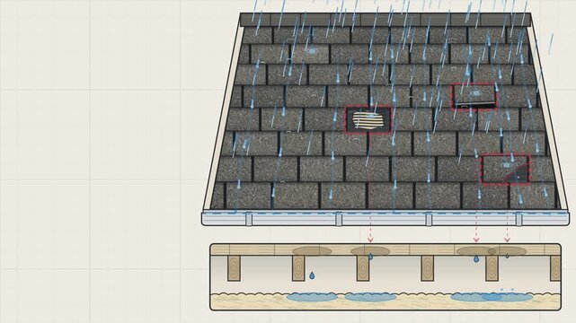 Damaged roof shingles leaking rain into the attic get replaced and the roof stays dry again animation