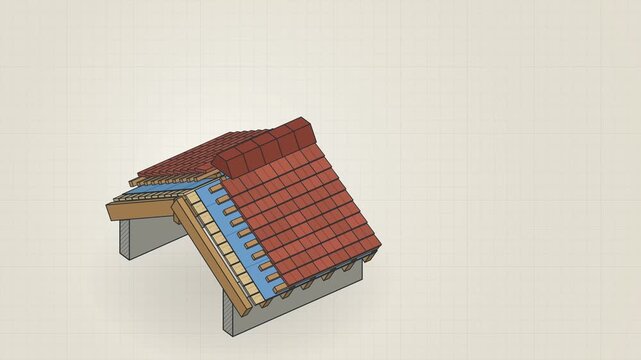 Exploded view of roof layers with rafters, sheathing, membrane, battens, tiles and ridge cap assembling animation