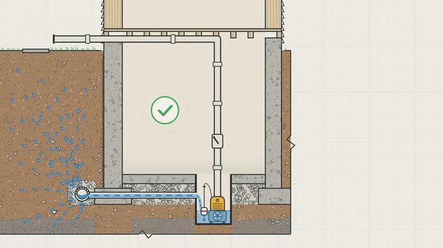 Basement waterproofing with a perimeter drain and sump pump pumping groundwater out, cross-section loop animation
