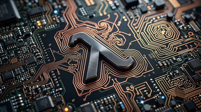 3D metallic lambda symbol on a complex electronic circuit board with intricate golden traces and microchips